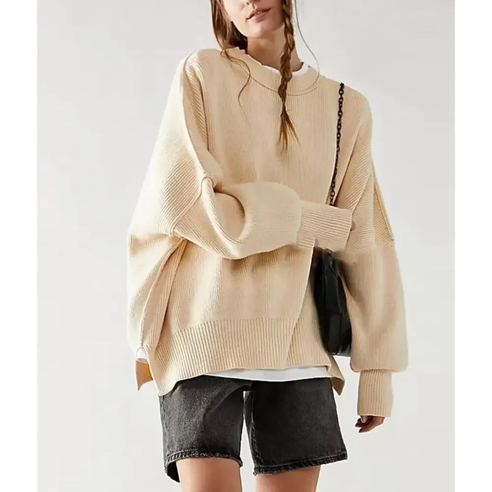 Free People Easy Street Tunic Oversized Cotton Sweater in Sand Size S.